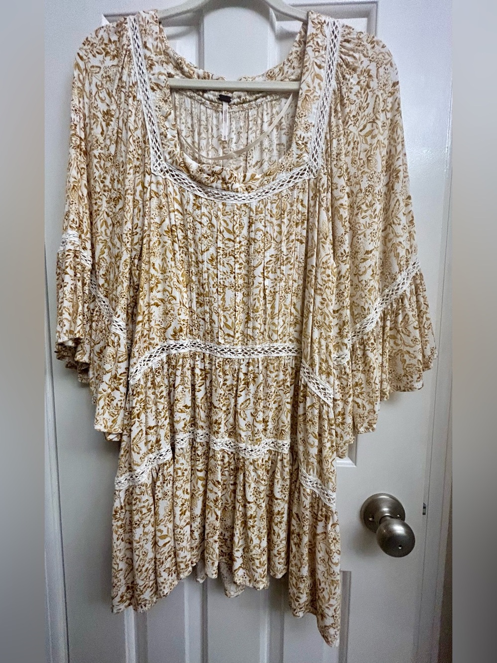 Free People Boho Floral Crochet Trim Tunic ~Dress in Mustard Ivory XL - Picture 2 of 9
